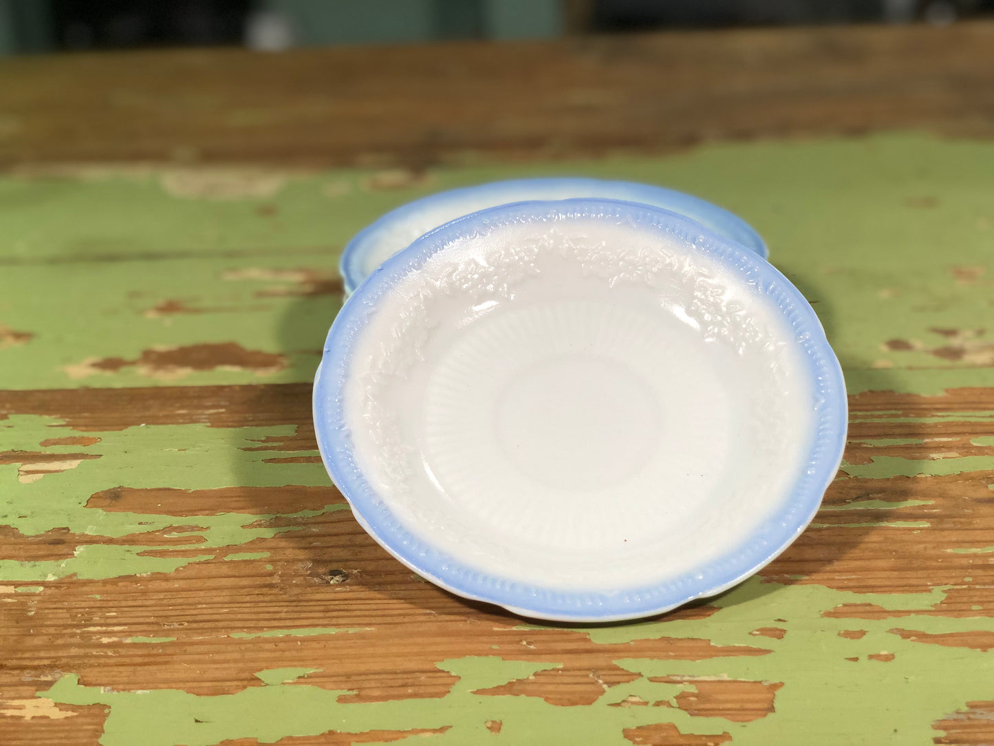 Vintage 1940's Anchor Hocking Alice White with Blue Trim Saucer - Sold Individually