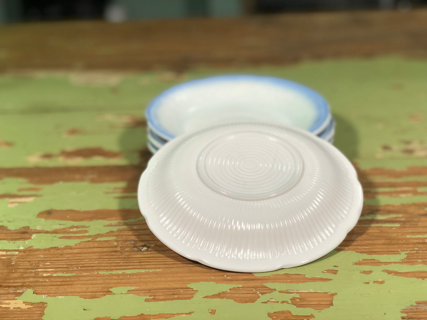 Vintage 1940's Anchor Hocking Alice White with Blue Trim Saucer - Sold Individually