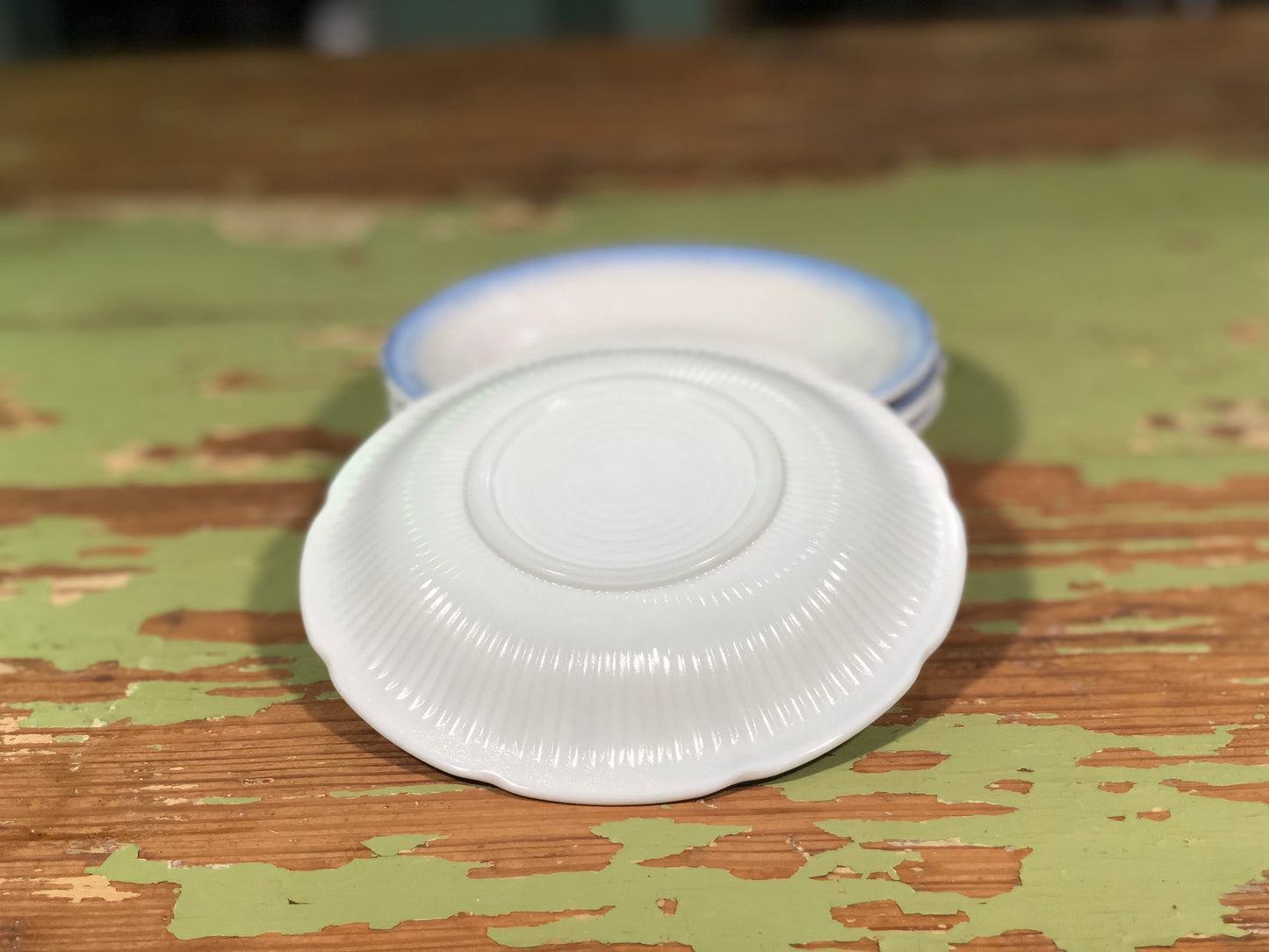 Vintage 1940's Anchor Hocking Alice White with Blue Trim Saucer - Sold Individually
