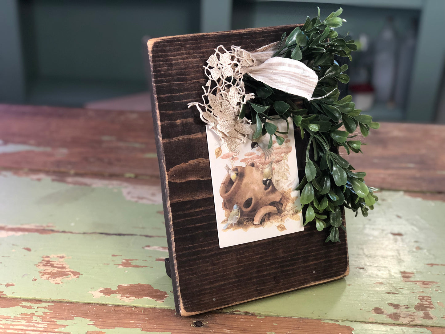 Wood Picture Holder with Greenery and Bird Print