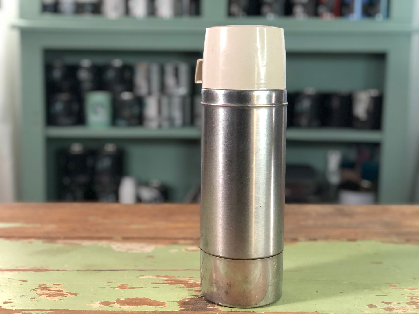 Vintage Silver Thermos with White Cap