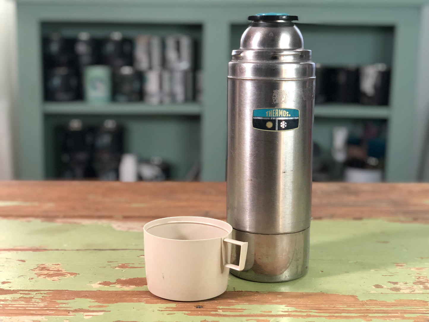 Vintage Silver Thermos with White Cap