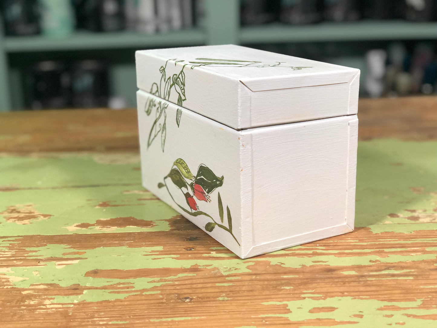 Upcycled White Recipe Box with Green Leaves