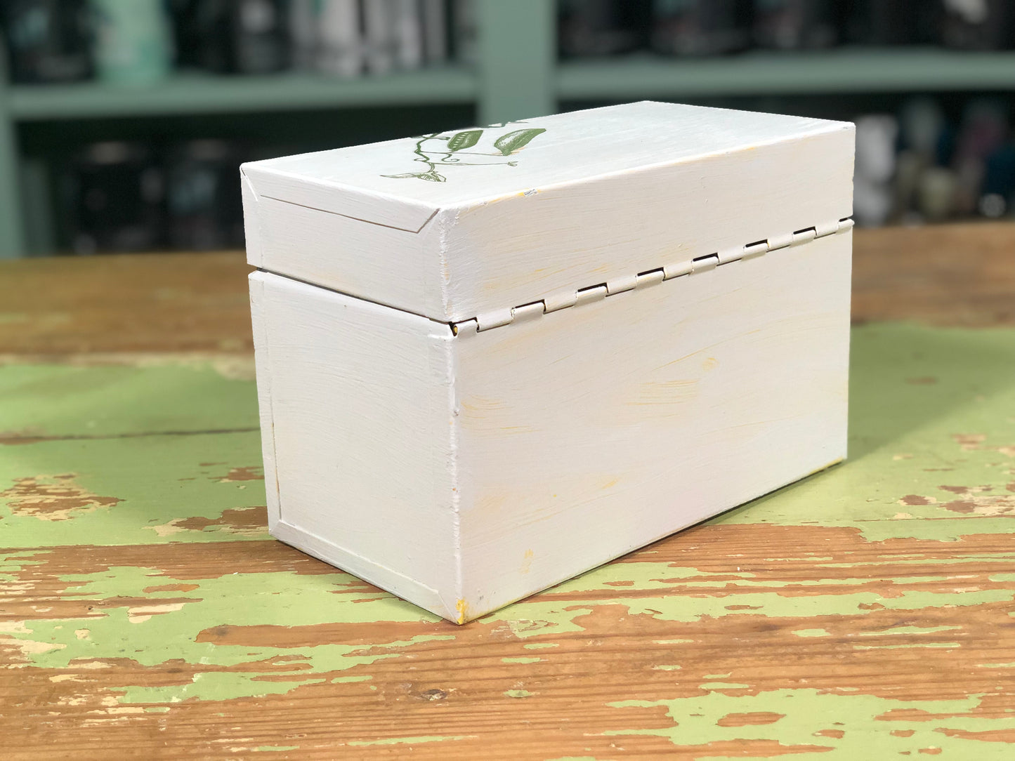 Upcycled White Recipe Box with Green Leaves