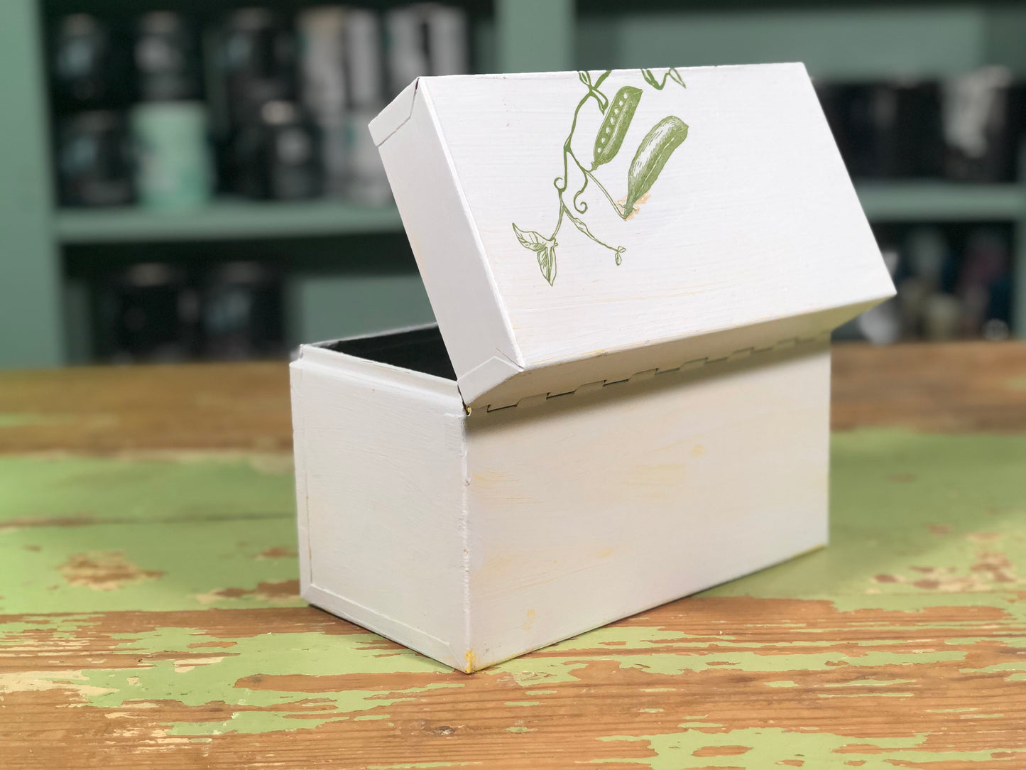 Upcycled White Recipe Box with Green Leaves