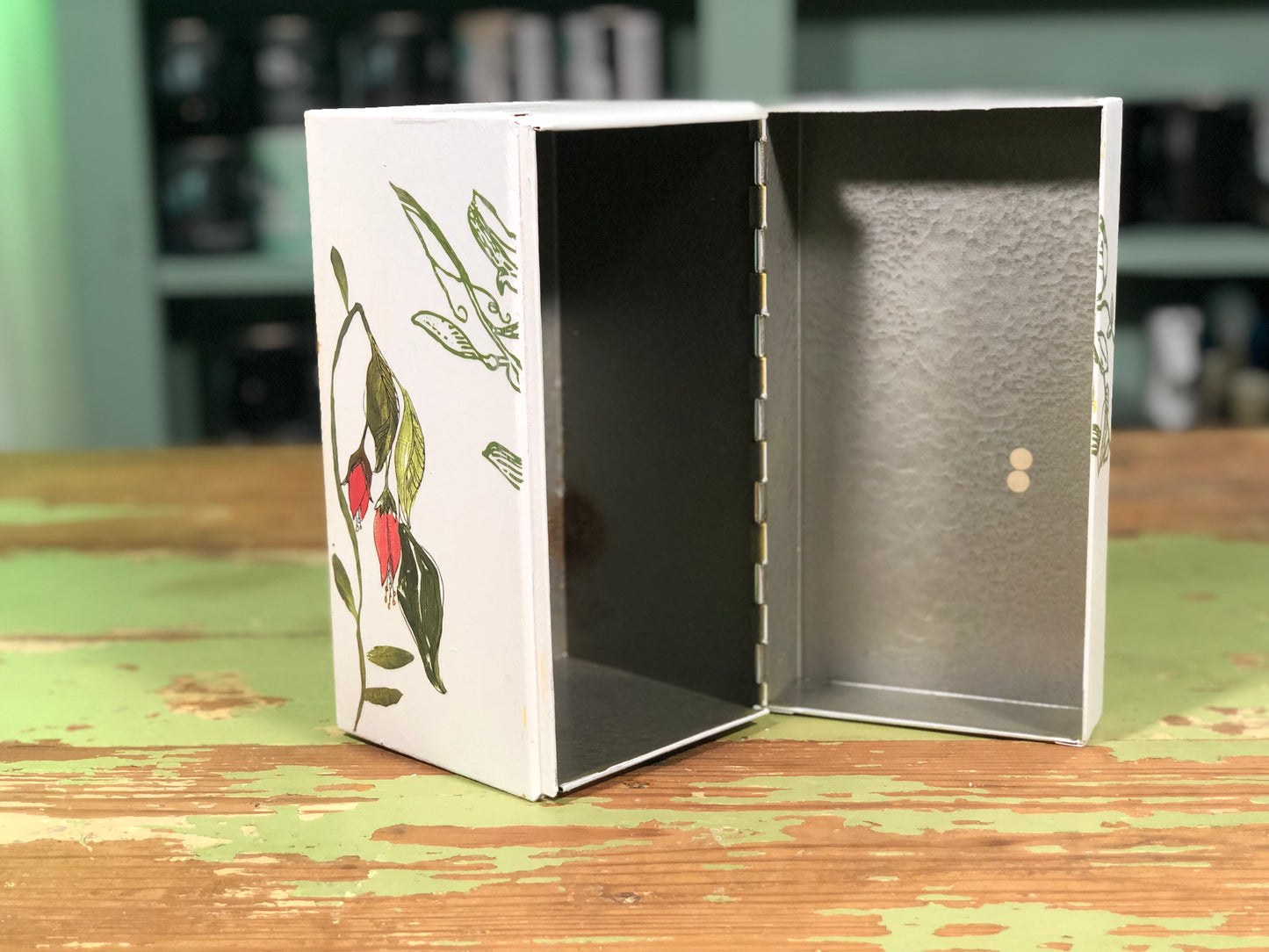 Upcycled White Recipe Box with Green Leaves