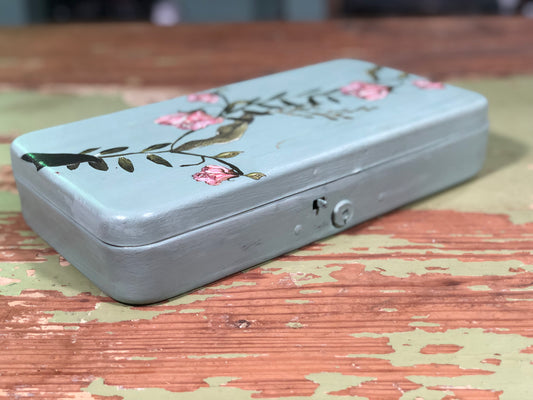 Upcycled Light Green Metal Box with Flowers