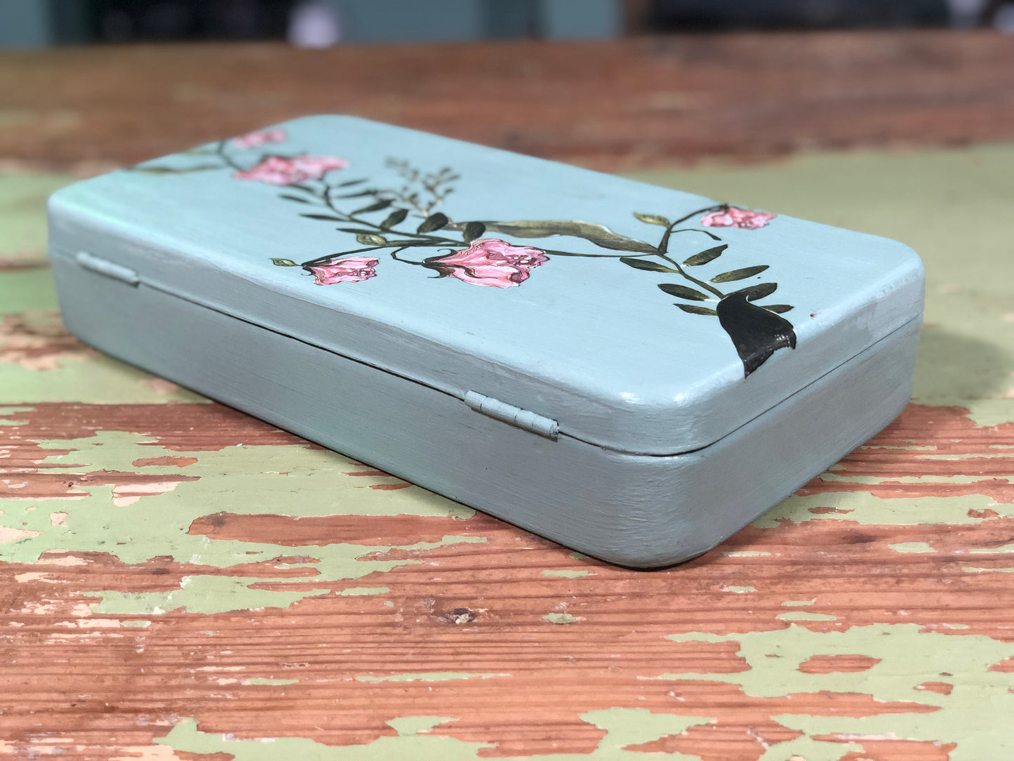 Upcycled Light Green Metal Box with Flowers