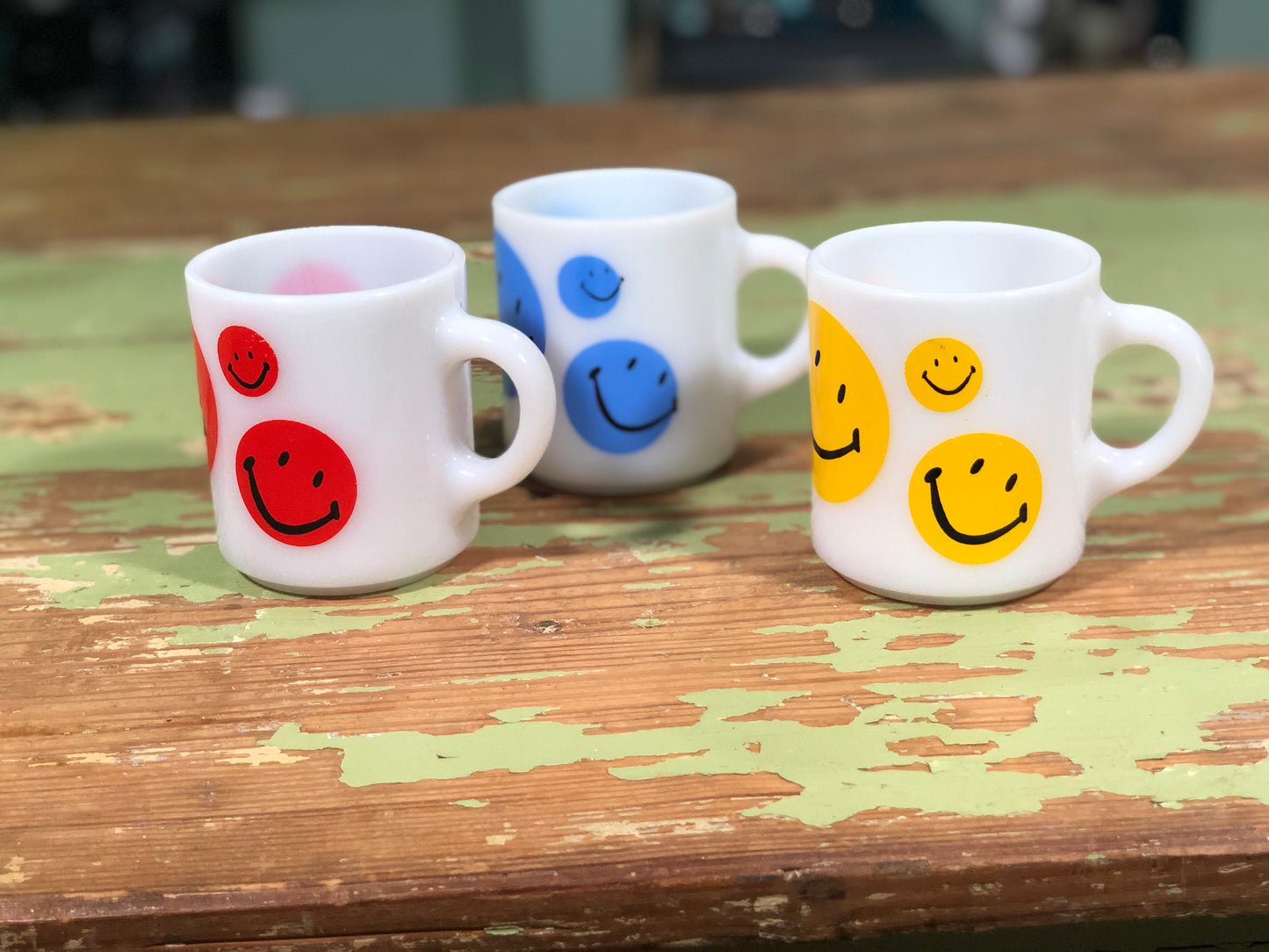 Vintage Hazel Atlas 1970's Milk Glass Smiley Face Mugs - Set of 3