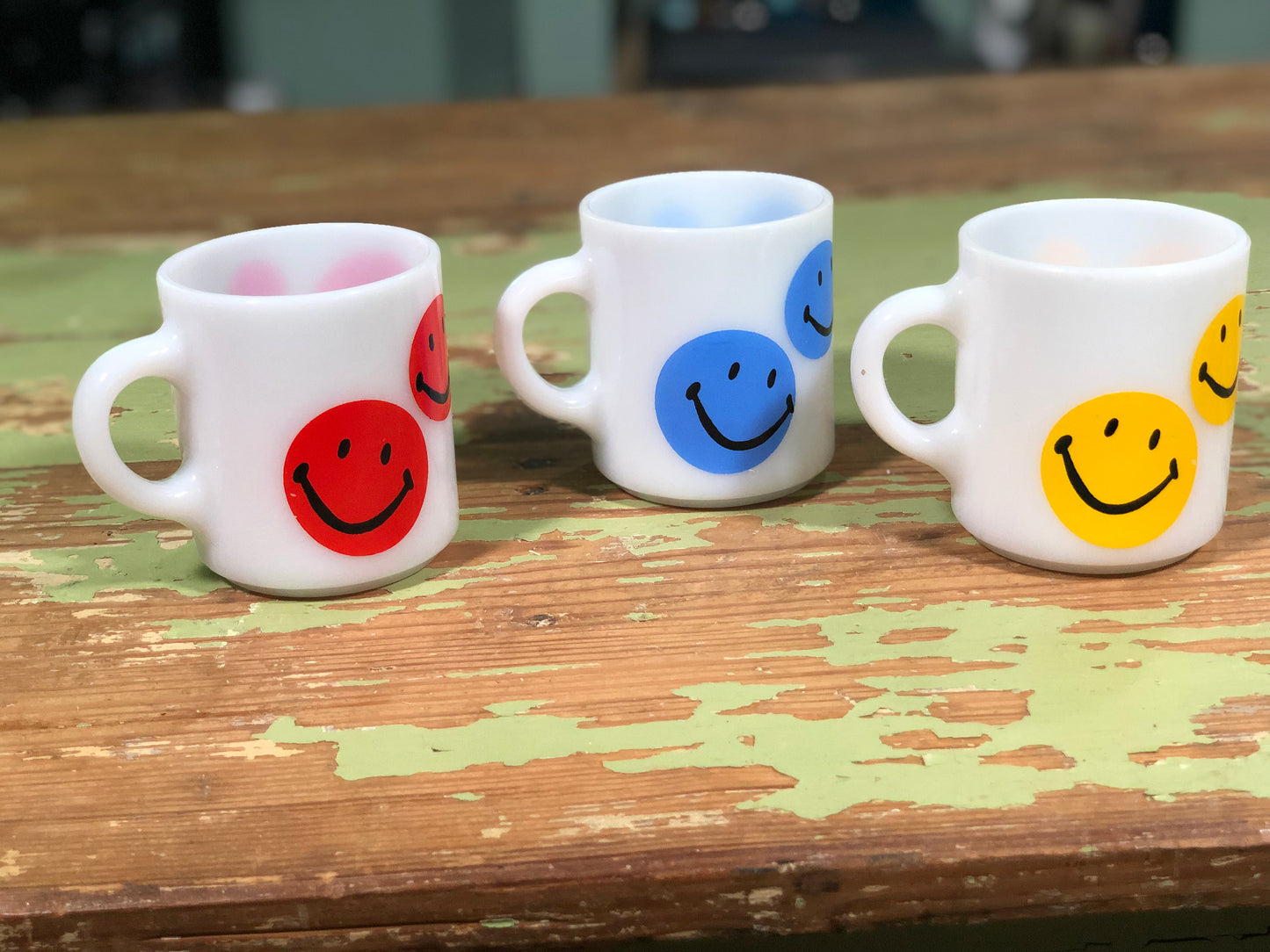 Vintage Hazel Atlas 1970's Milk Glass Smiley Face Mugs - Set of 3