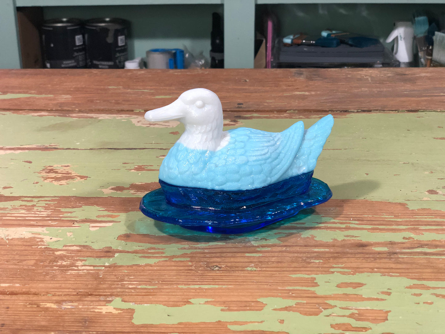 Blue Opaline Milk Glass Nesting Duck with Cobalt Bottom