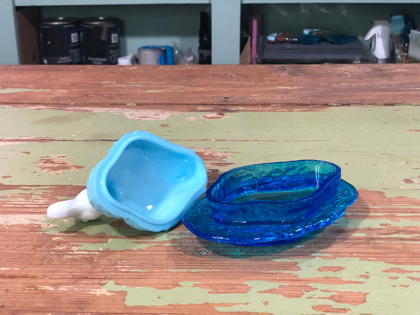 Blue Opaline Milk Glass Nesting Duck with Cobalt Bottom